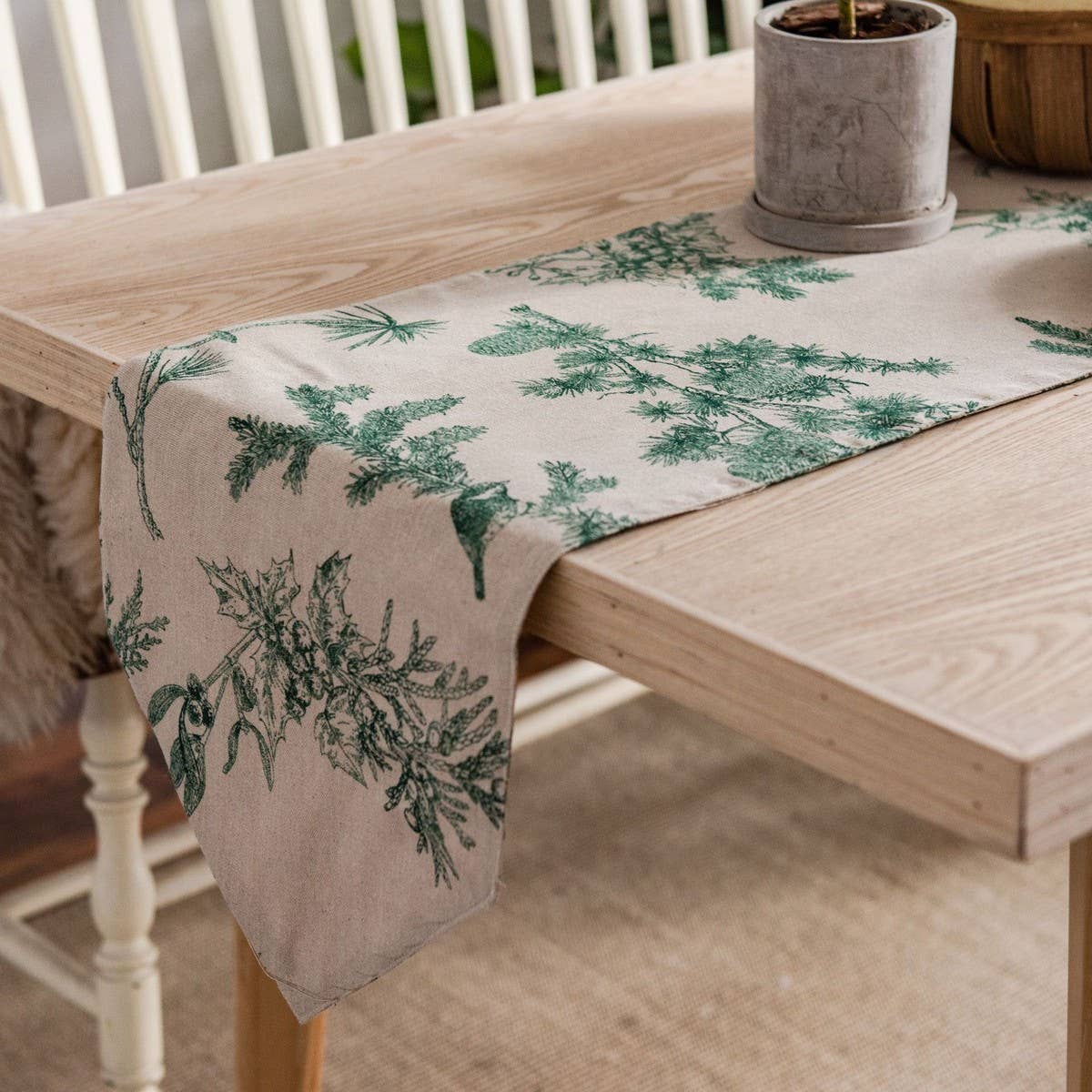 GREEN PINE CONE PRINTED FABRIC LONG TABLECLOTH_CWMM0999