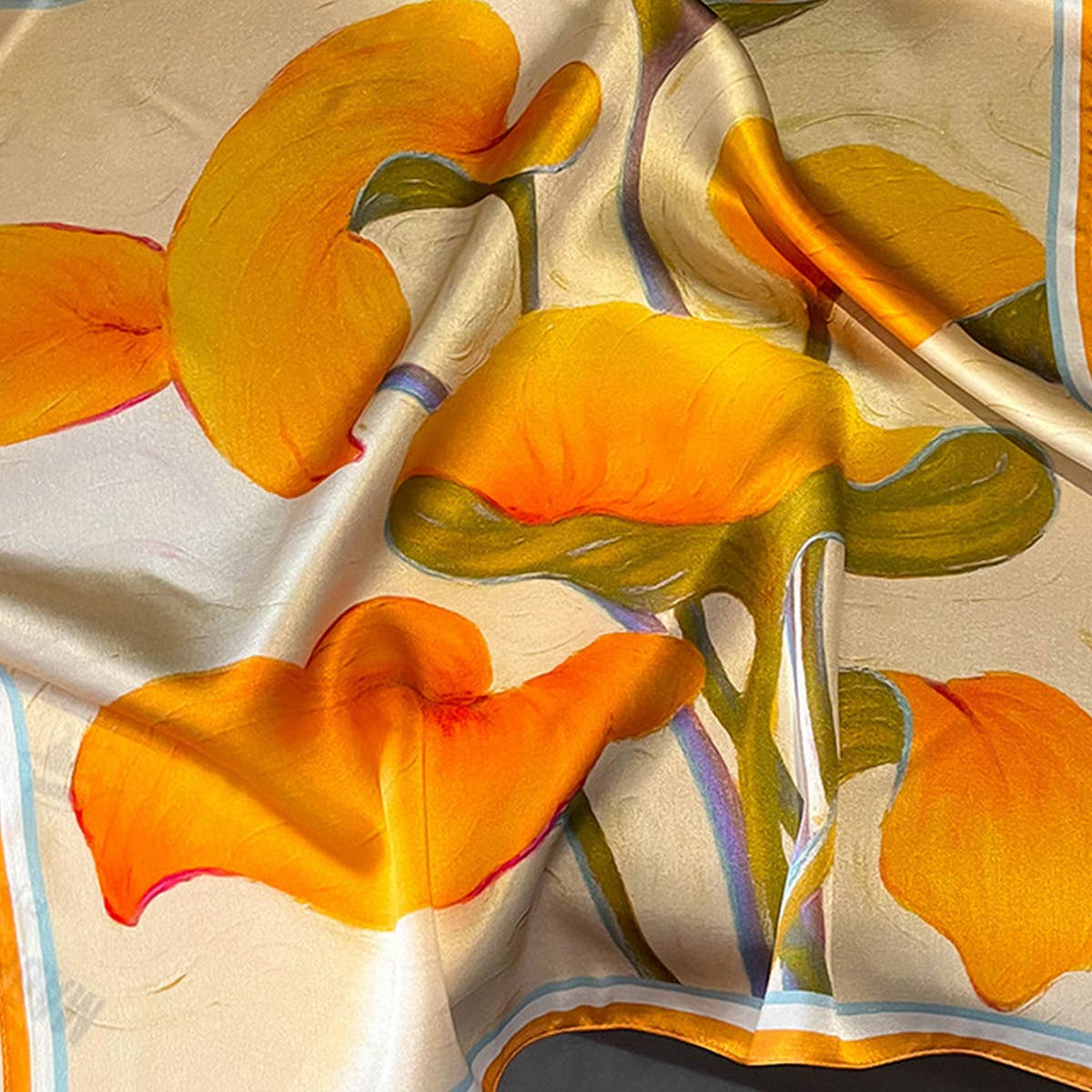 SILK RIBBON SCARF ORANGE FLORAL LONG NECK WRAP_CWASC0550