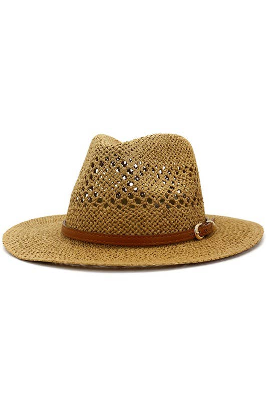 BROWN BELT VENTED WEAVE STRAW HAT_CWAH081