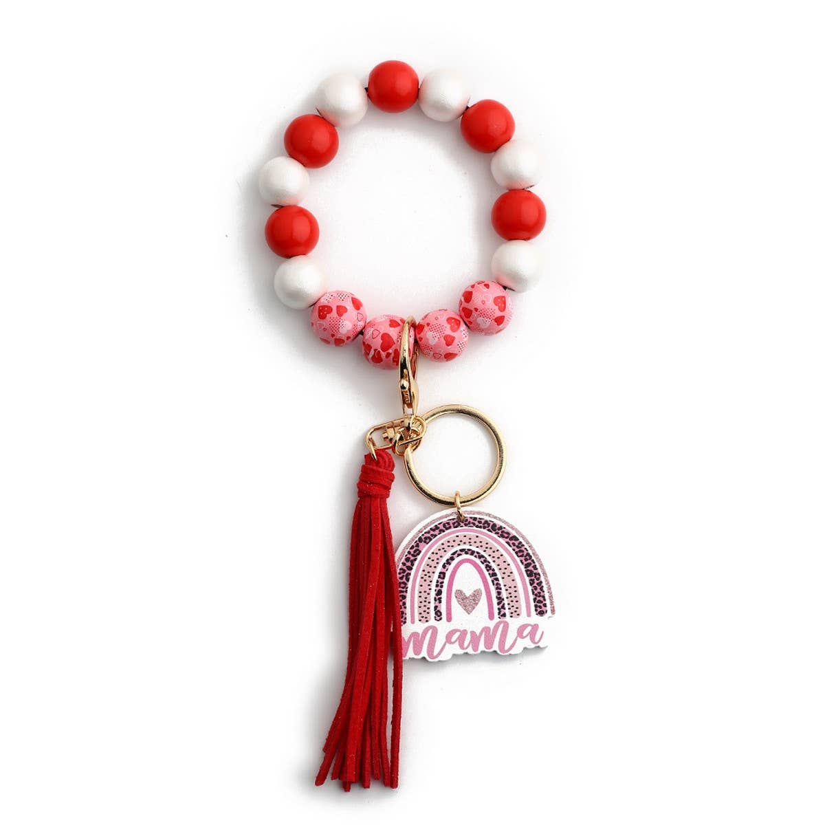 LEOPARD WOOD BEAD BRACELET HEART KEYCHAIN_CWAB5075