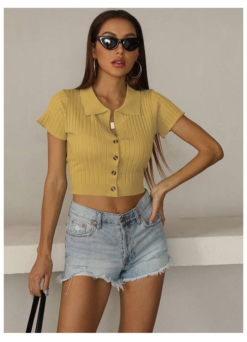 Solid Color Lapel Slim Knit Short-Sleeved Top