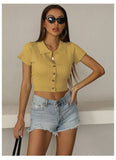 Solid Color Lapel Slim Knit Short-Sleeved Top