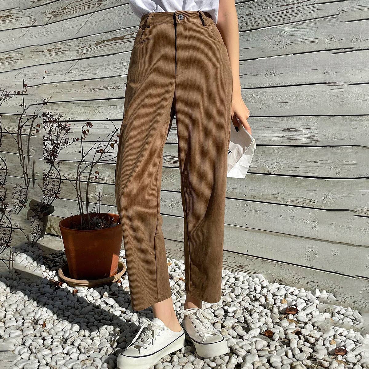 Straight-Leg High-Waisted Corduroy Wide-Leg Pants