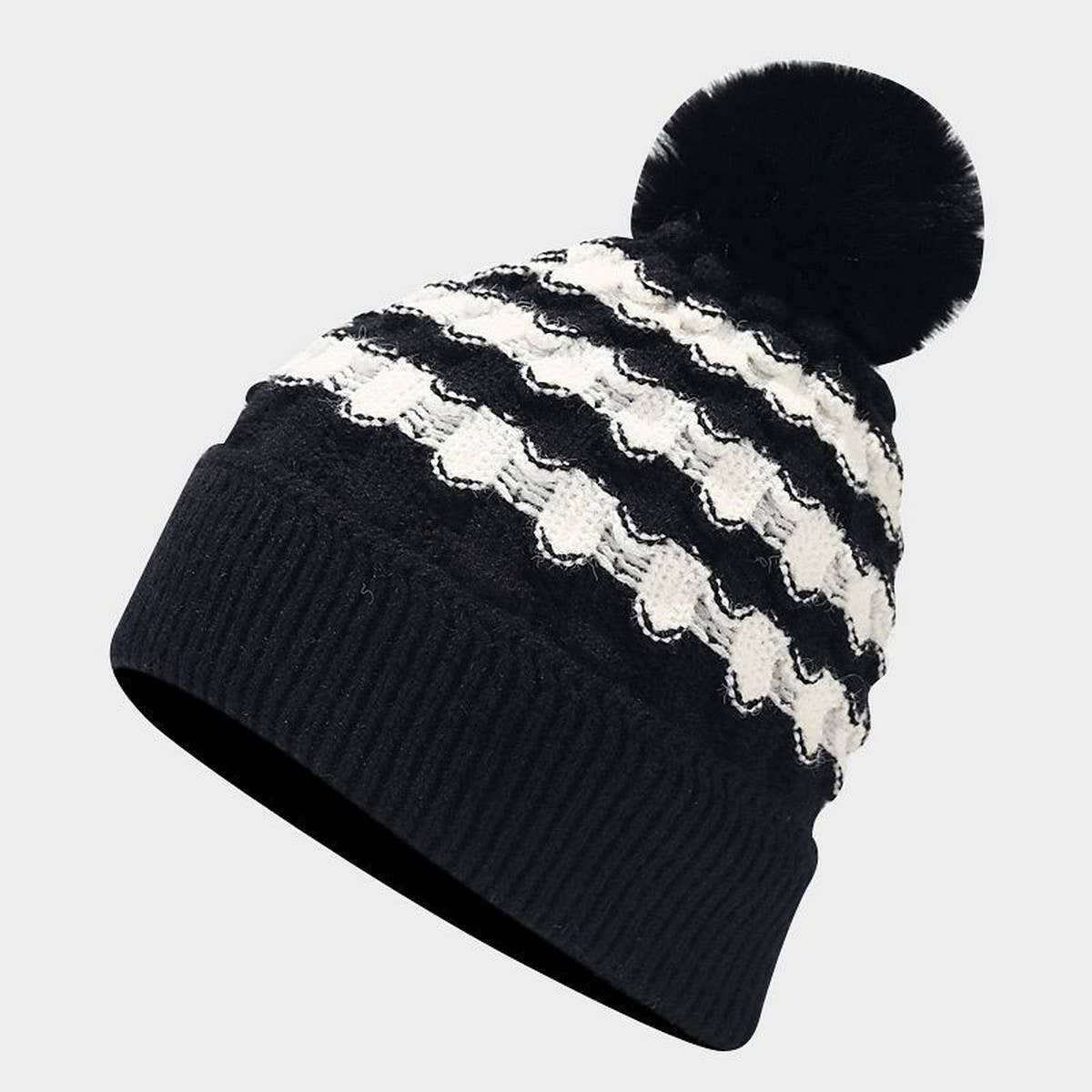 NEW CONTRAST STRIPED POM POM KNITTED HAT_CWAH1609