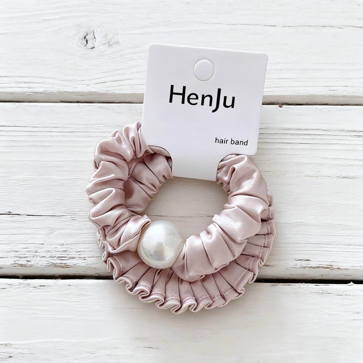 Pink Satin Bead Scrunchie Soft Hair Tie_Cwaha07599