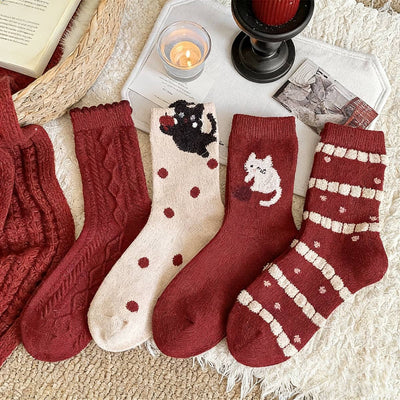 Warm Red Wool Thick Crew Socks For Women_Cwms03294