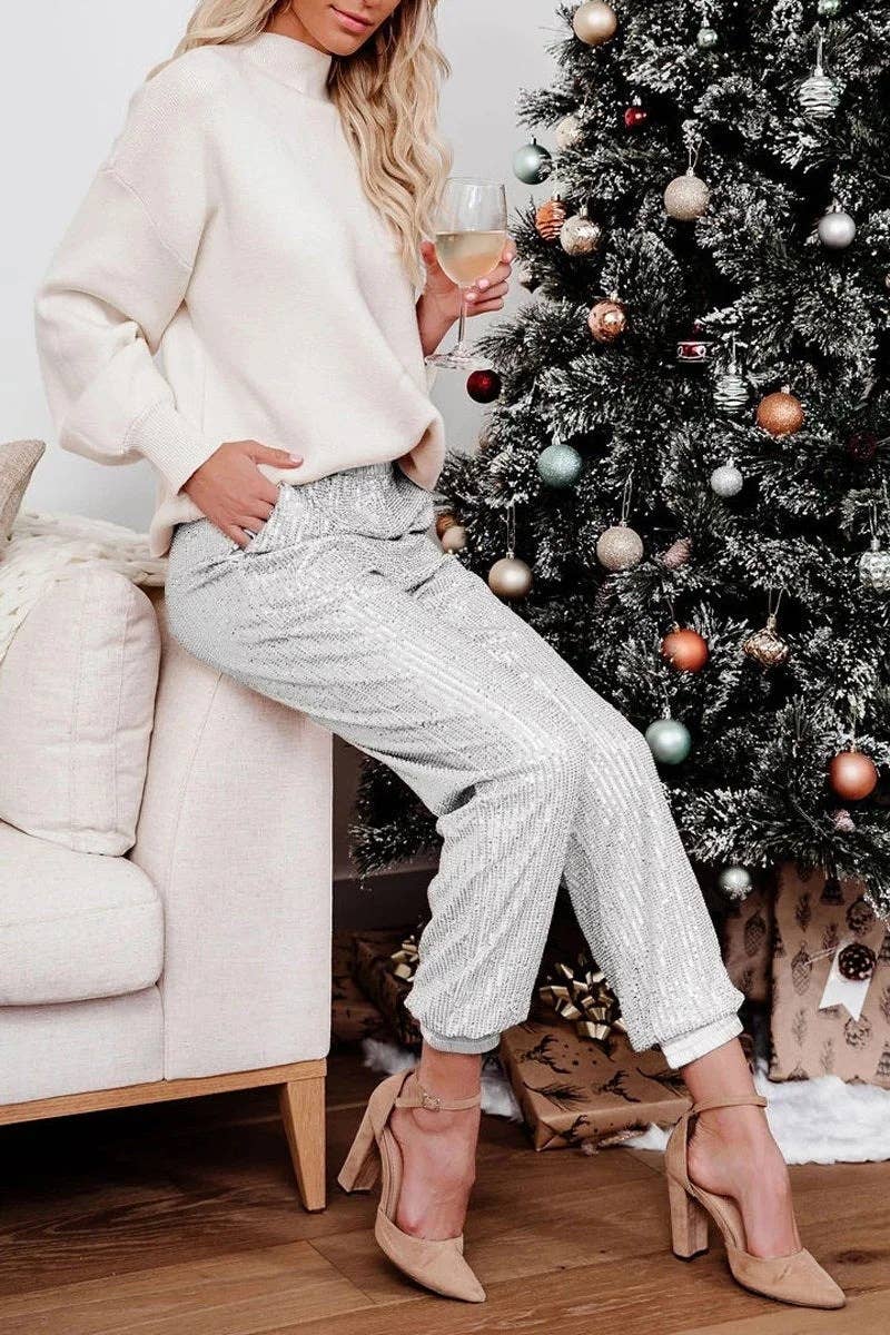 Thin Elastic Leg Sequin Basic Womens Pants
