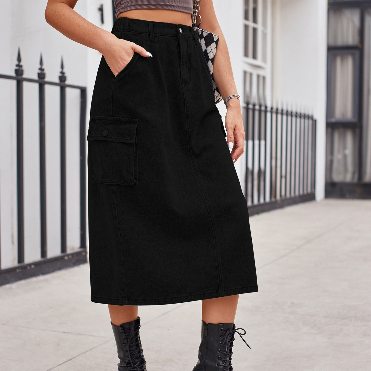 Wome Washed Denim Cargo Midi Skirt Slim Fit_Cwjsk0198