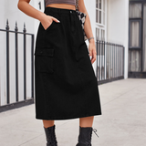 Wome Washed Denim Cargo Midi Skirt Slim Fit_Cwjsk0198