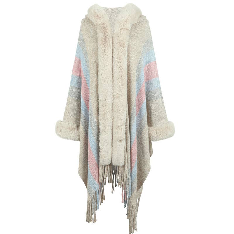 Womens Hooded Cape Striped Knitted Fringe Shawl