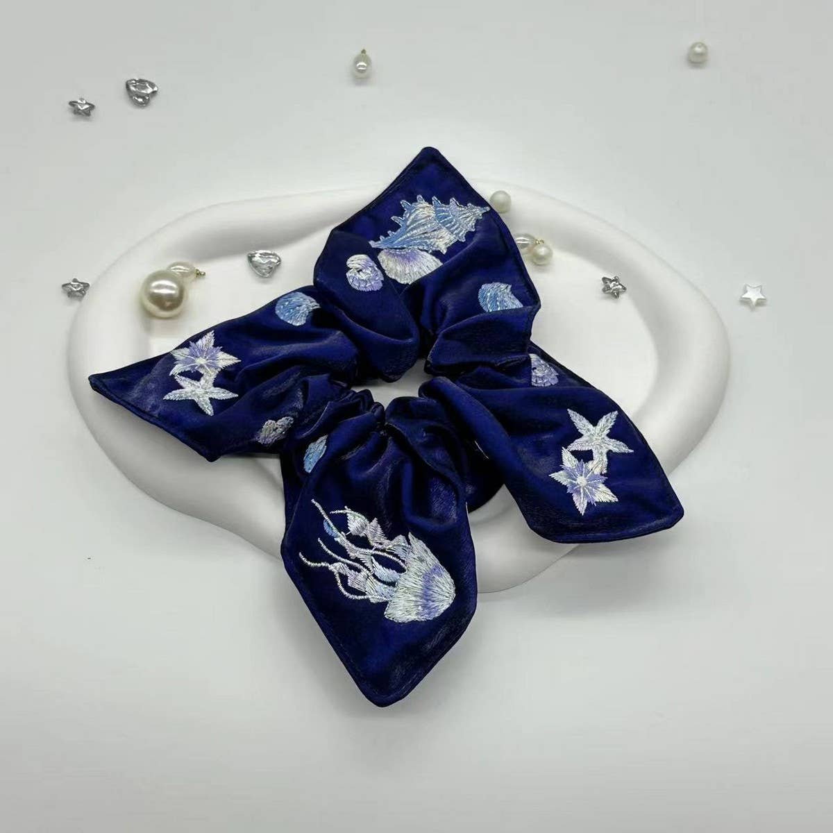 EMBROIDERED MARINE LIFE SQUARE SCARF HAIR TIE_CWAHA3691
