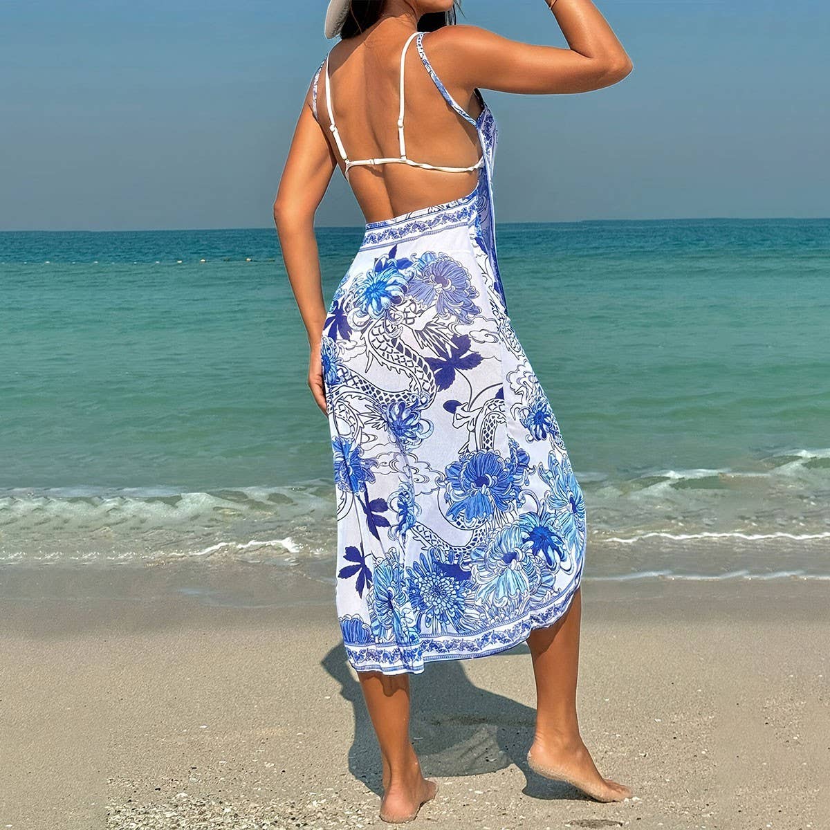 Versatile Print Beach Dress, Multi-Way Cape Style_Cwbls0466