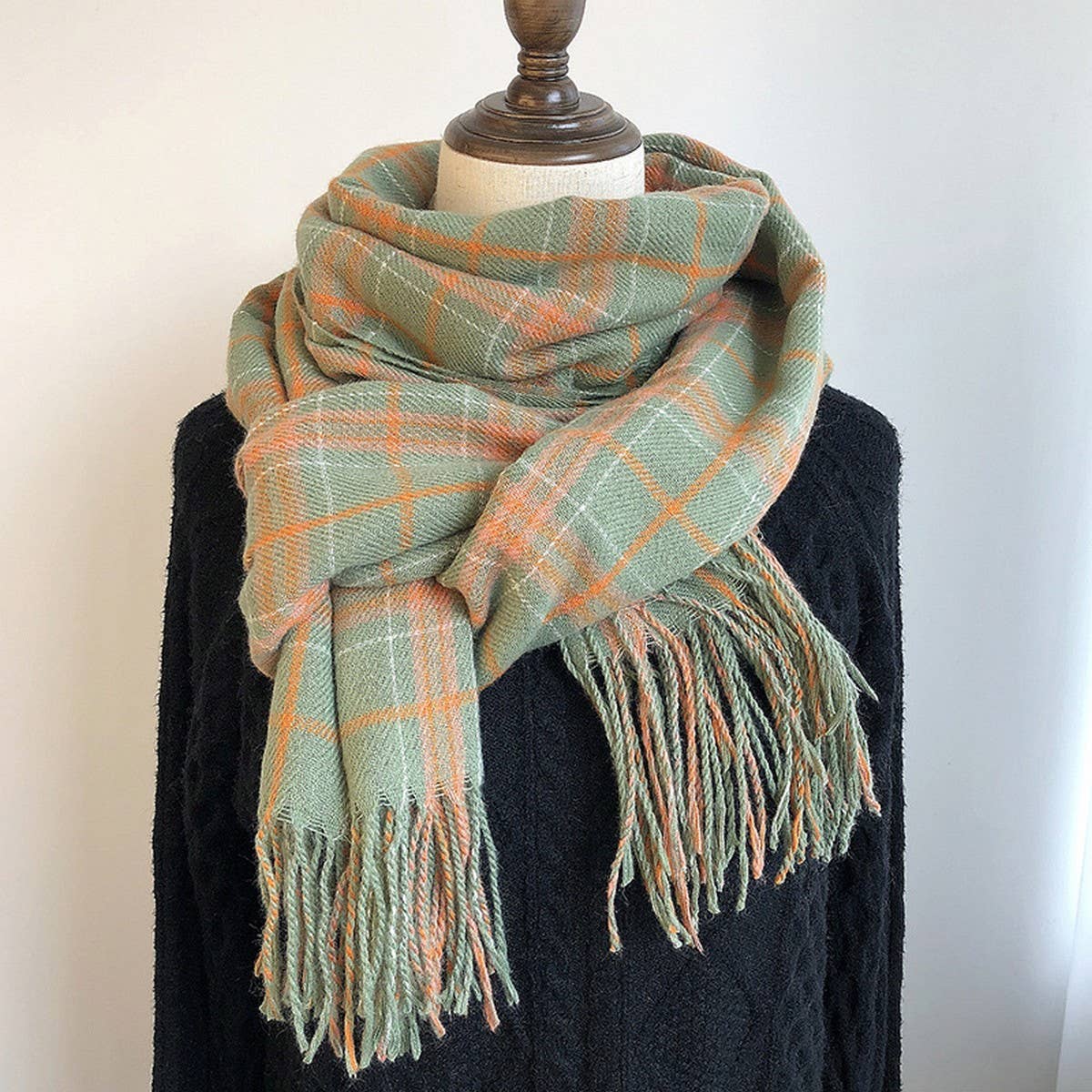 PLAID FAUX CASHMERE SCARF COZY FRINGE WINTER WRAP_CWASC1459