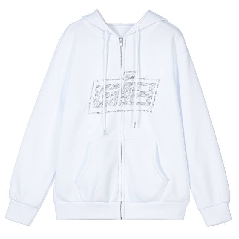 Solid Color Hoodie With Zipper And Diamond Short