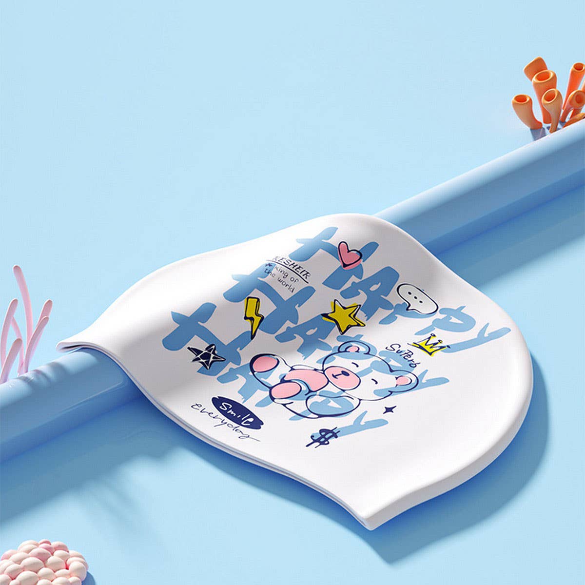 KIDS SILICONE SWIM CAP CUTE PRINT EAR PROTECTION_CWMM6790