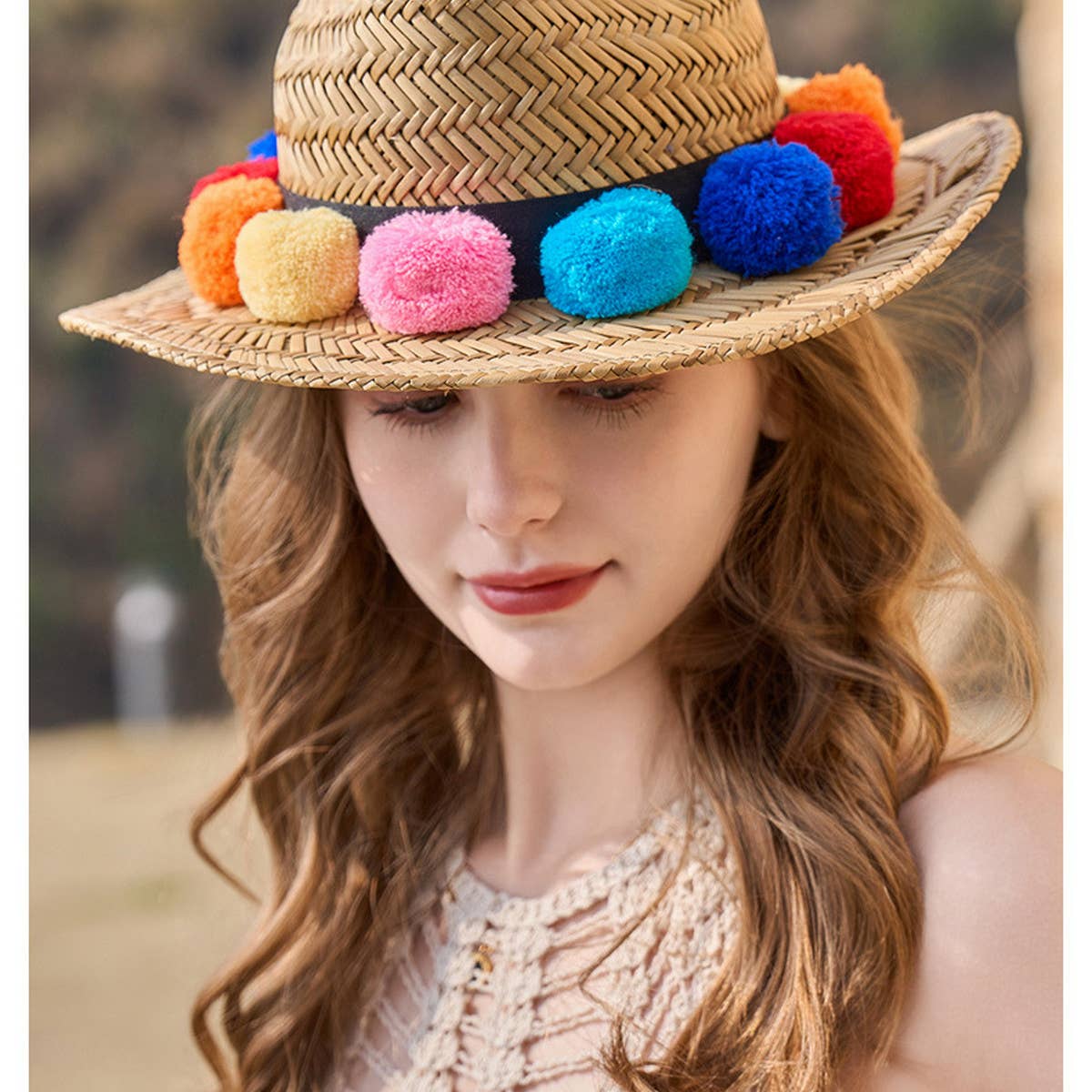 SUN PROTECTION LACE FUR BALL STRAW HAT_CWAH1348