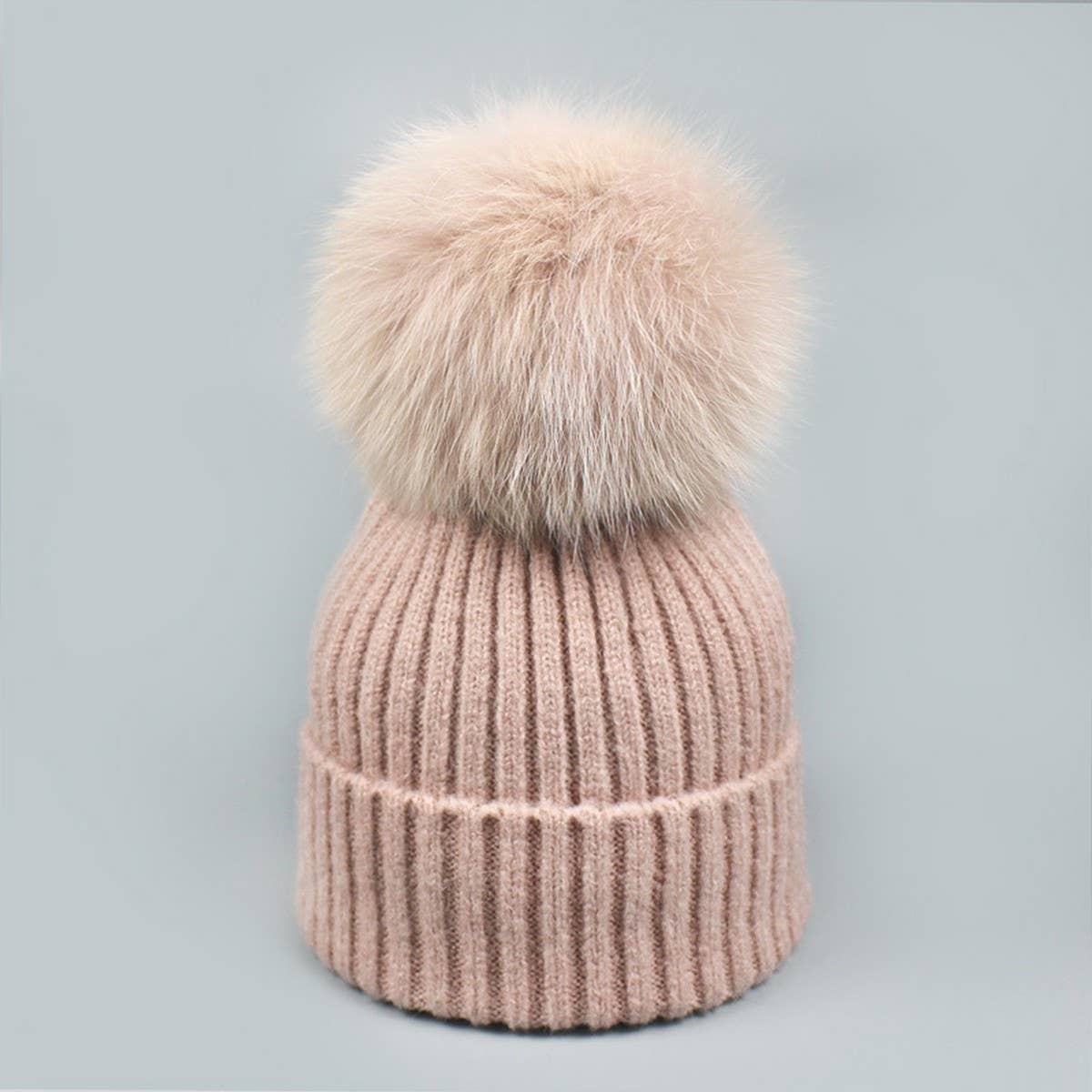 Winter Knit Beanie Hat With Fox Fur Pom For Women_Cwah05043