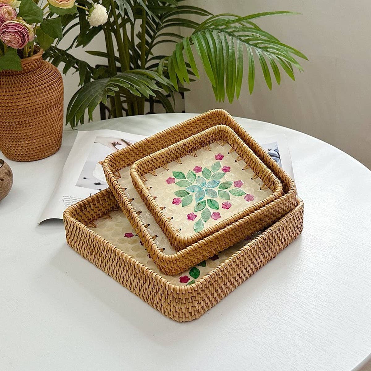 RATTAN COLORFUL SHELL FRUIT TRAY THREE PIECE SET_CWMM4407