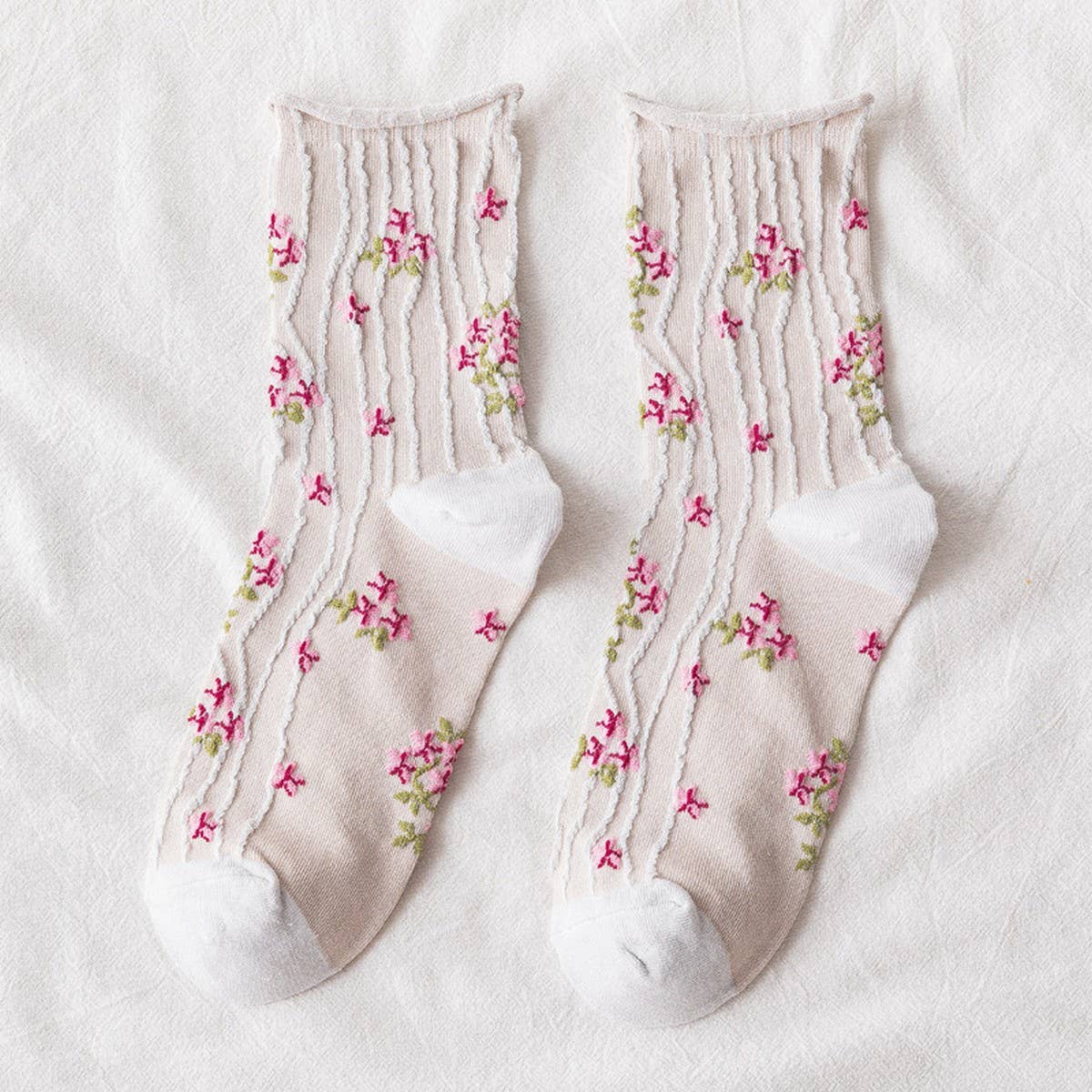 Preppy Little Floral Striped Midtube Sock Lady_Cwms0403