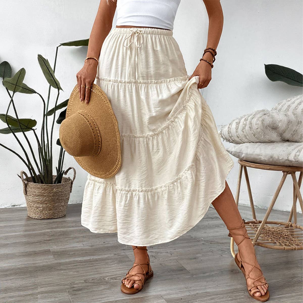 Solid Color High Waist A-Line Flared Maxi Skirt
