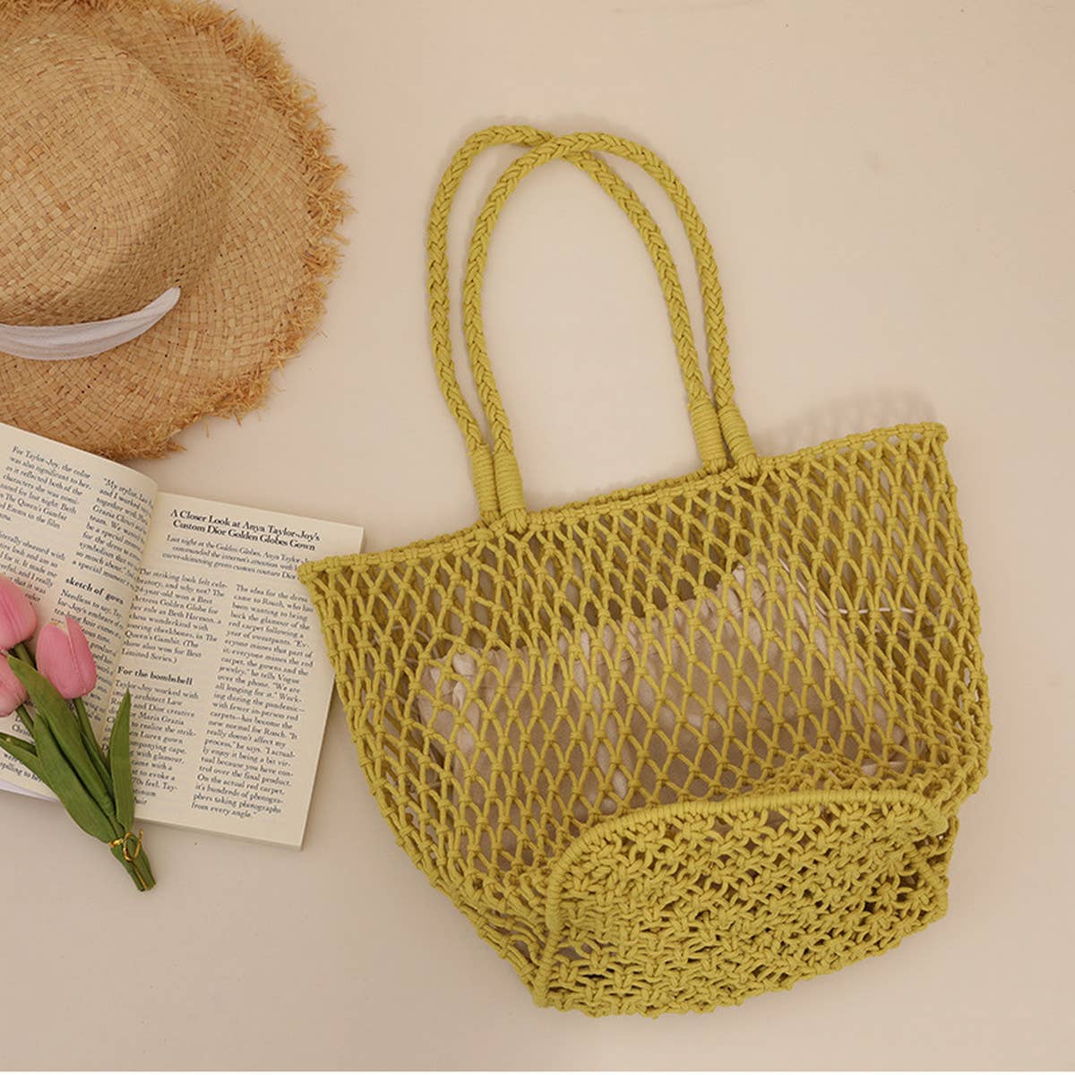 SIMPLE MESH ONE SHOULDER BEACH STRAW BAG_CWAB1884