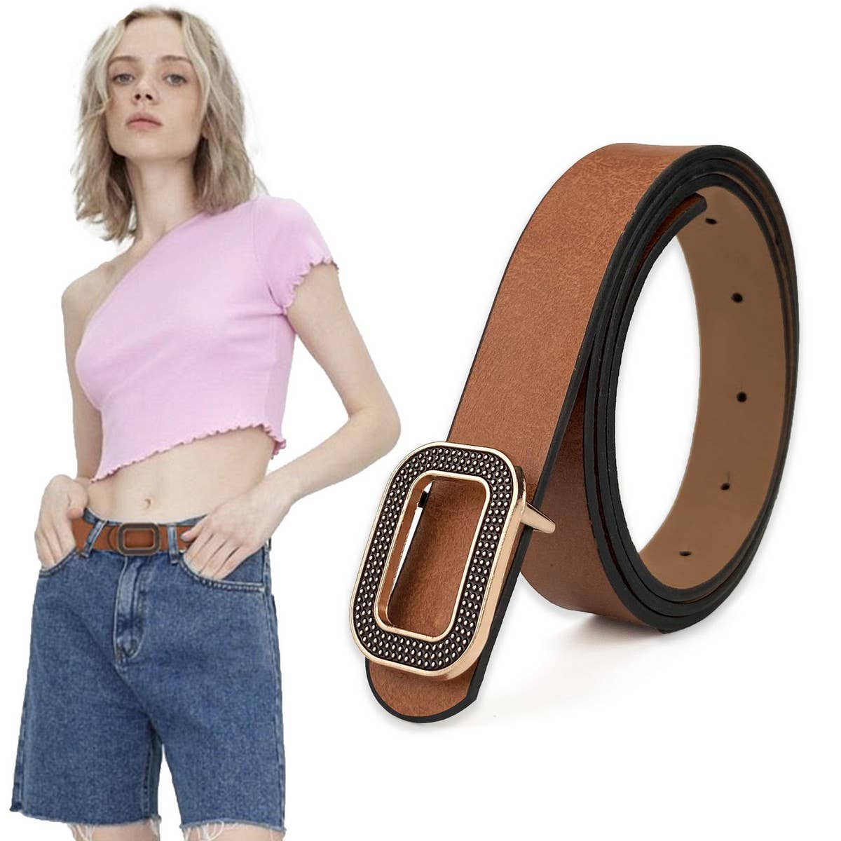 NEW LEATHER WOMENS BELT RECTANGULAR BUCKLE BELT_CWABE0701