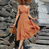 Solid Holiday Garden Diagonal Shoulder Dress_Cwdsd3205