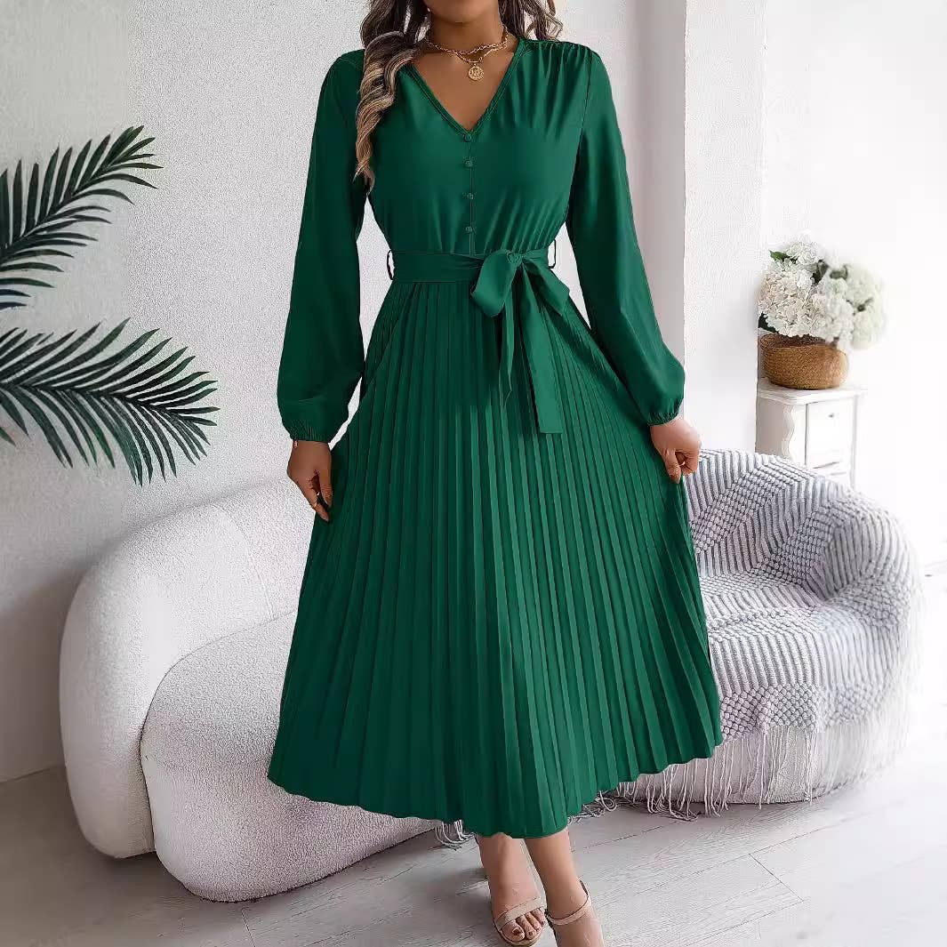 V-Neck Button-Up Long Pleated Dress