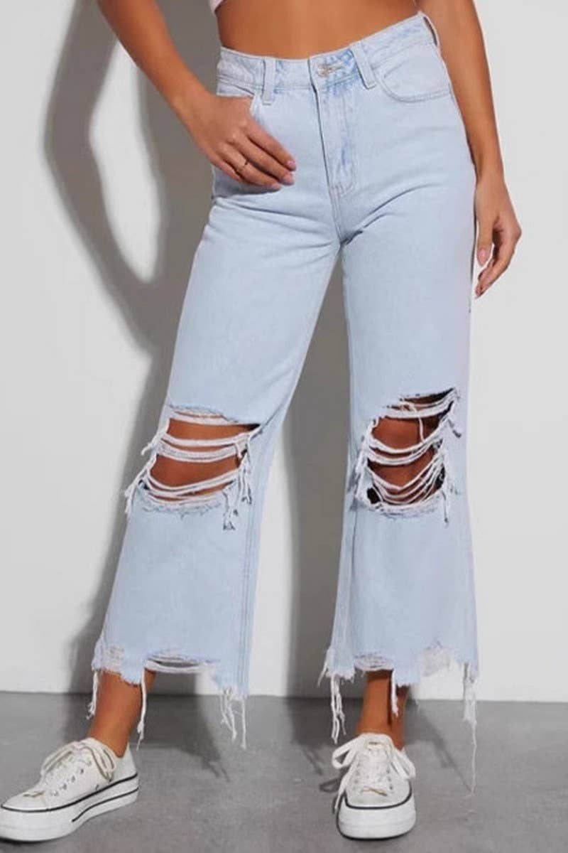 Cwjp0595_Vintage Wide Leg Ripped Straight Denim Pants