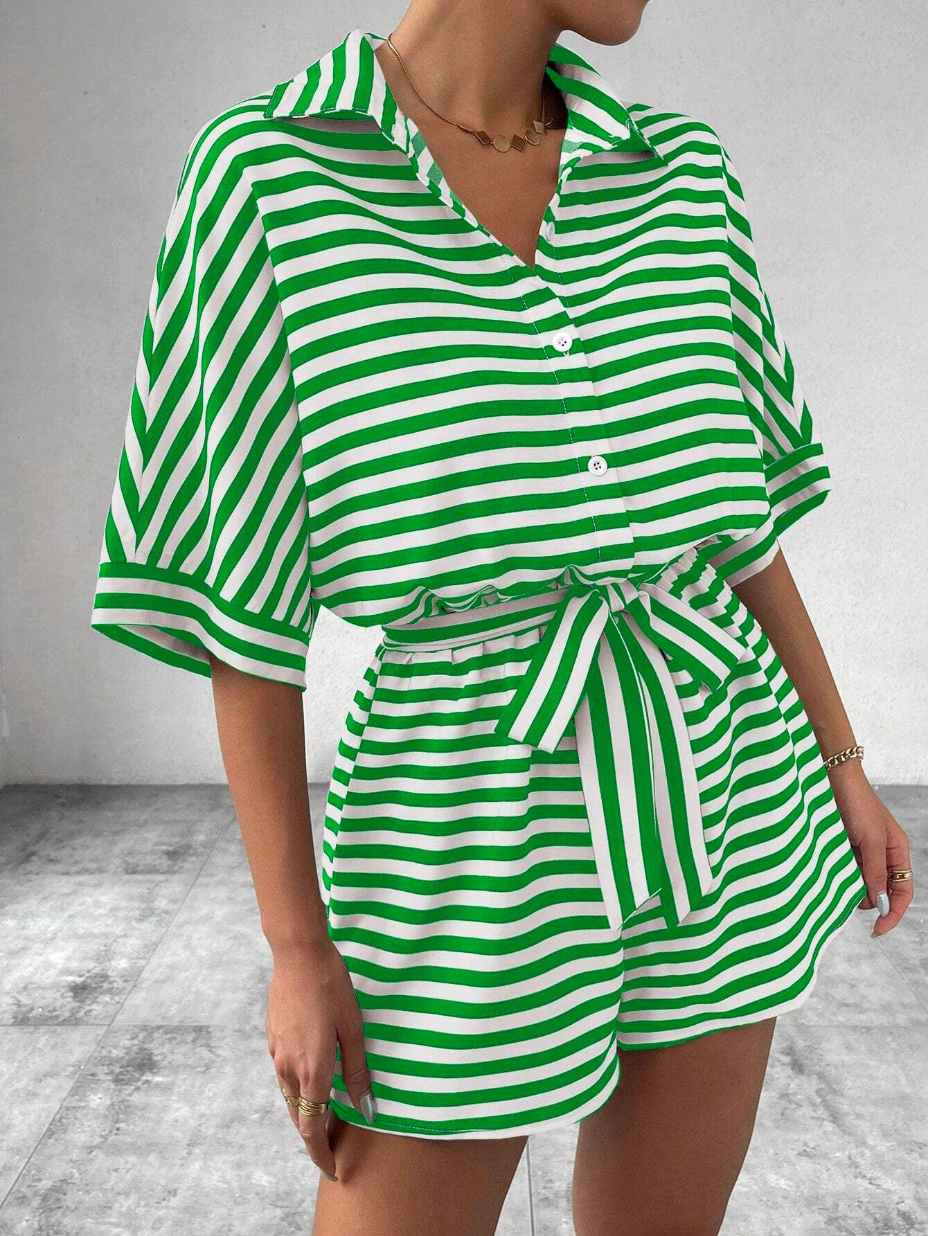 Womens Striped Buttoned Cardigan Romper