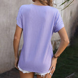 Womens V Neck Pullover Jacquard Short Sleeved Top_Cwtts0897