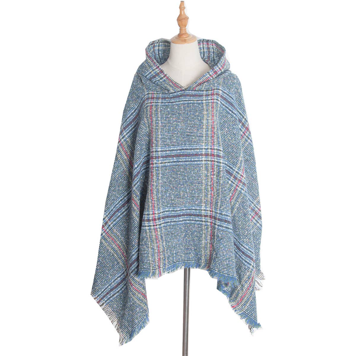 CIRCLE YARN FUR LARGE PLAID HOODED CAPE SHAWL_CWASC1211