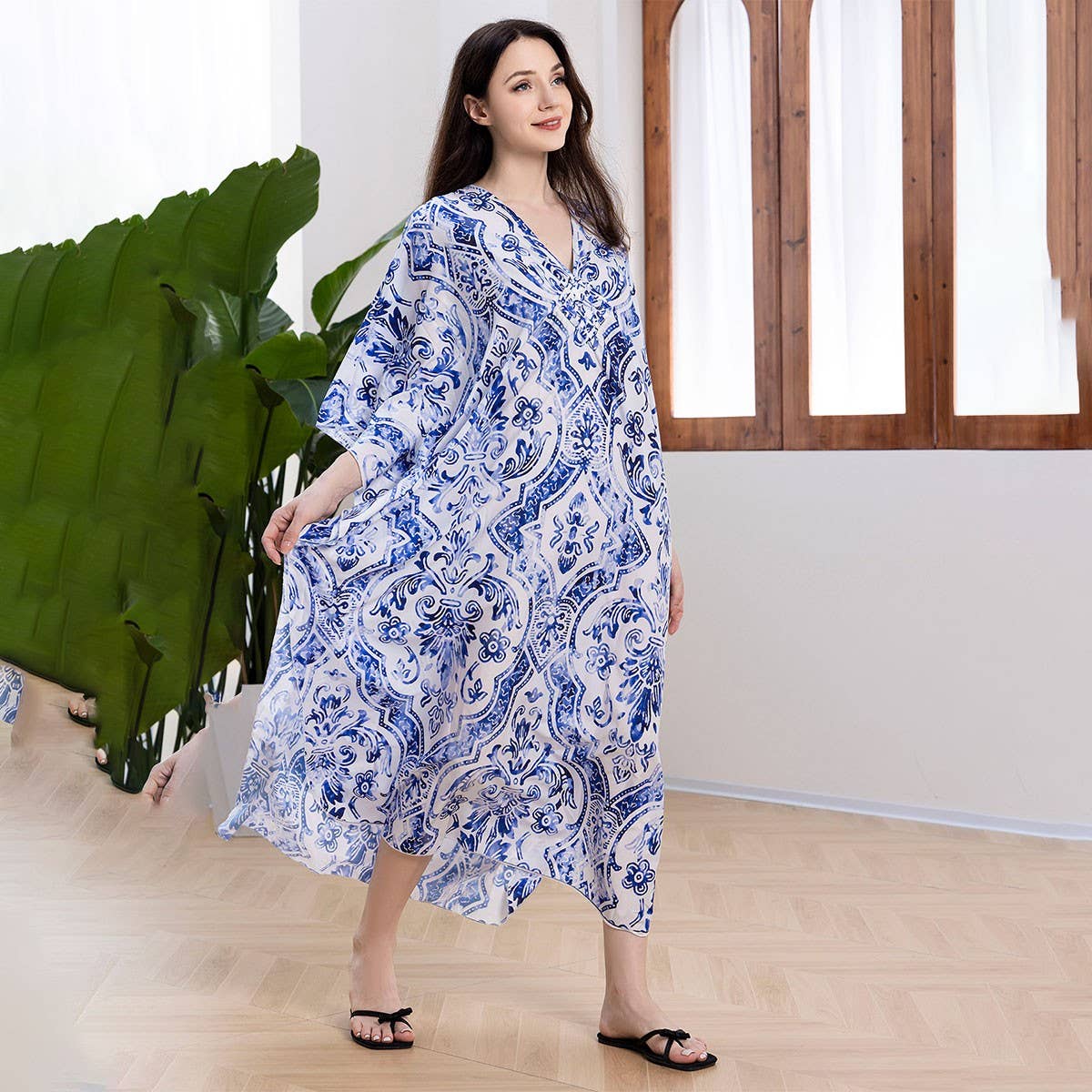 BLUE PORCELAIN PRINT BEACH COVER UP DRESS_CWMM6203