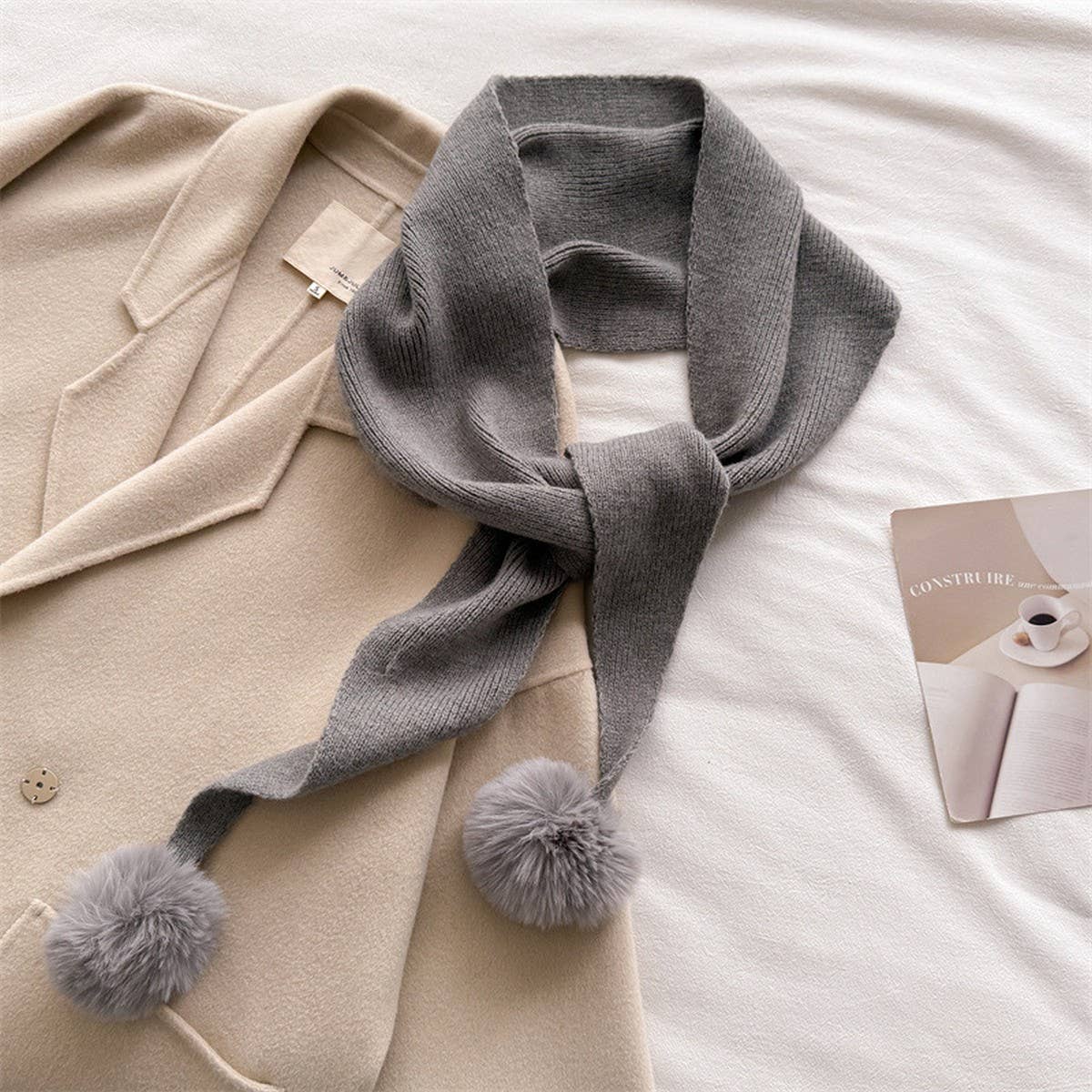 Cozy Knit Pom Pom Scarf Warm Winter Wrap_Cwasc03459