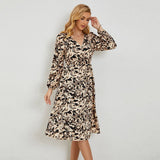 V-Neck Printed Waistline Casual Long-Sleeved Dress