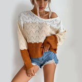 V-Neck Hollowed-Out Color-Blocking Sweater