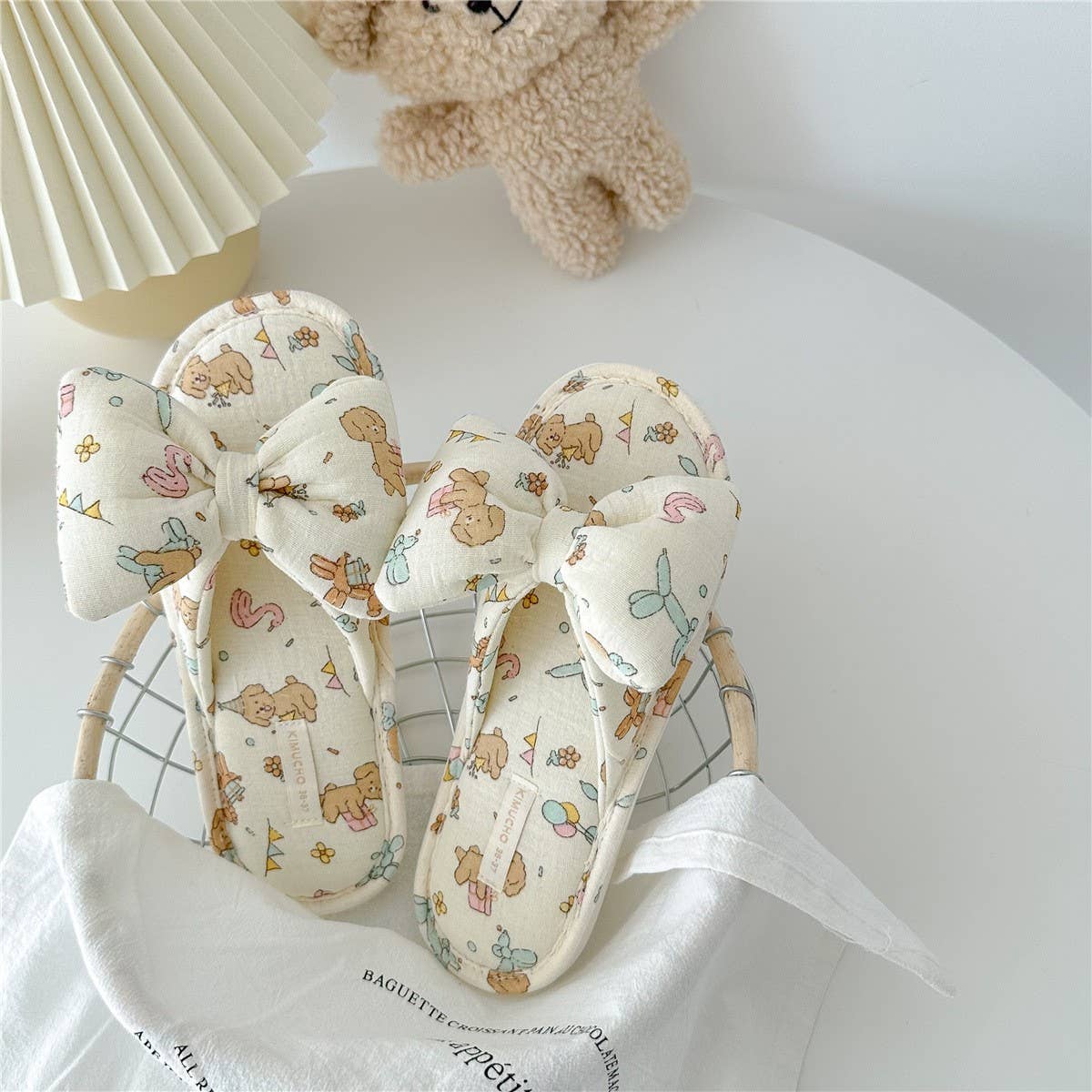 BIRTHDAY DOG BOWKNOT WOMENS HOME SLIPPERS_CWMM2971