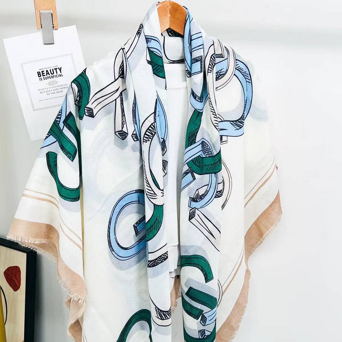 CHAIN PRINT SILK WOOL SCARF LUXURY TRAVEL SHAWL_CWASC0895