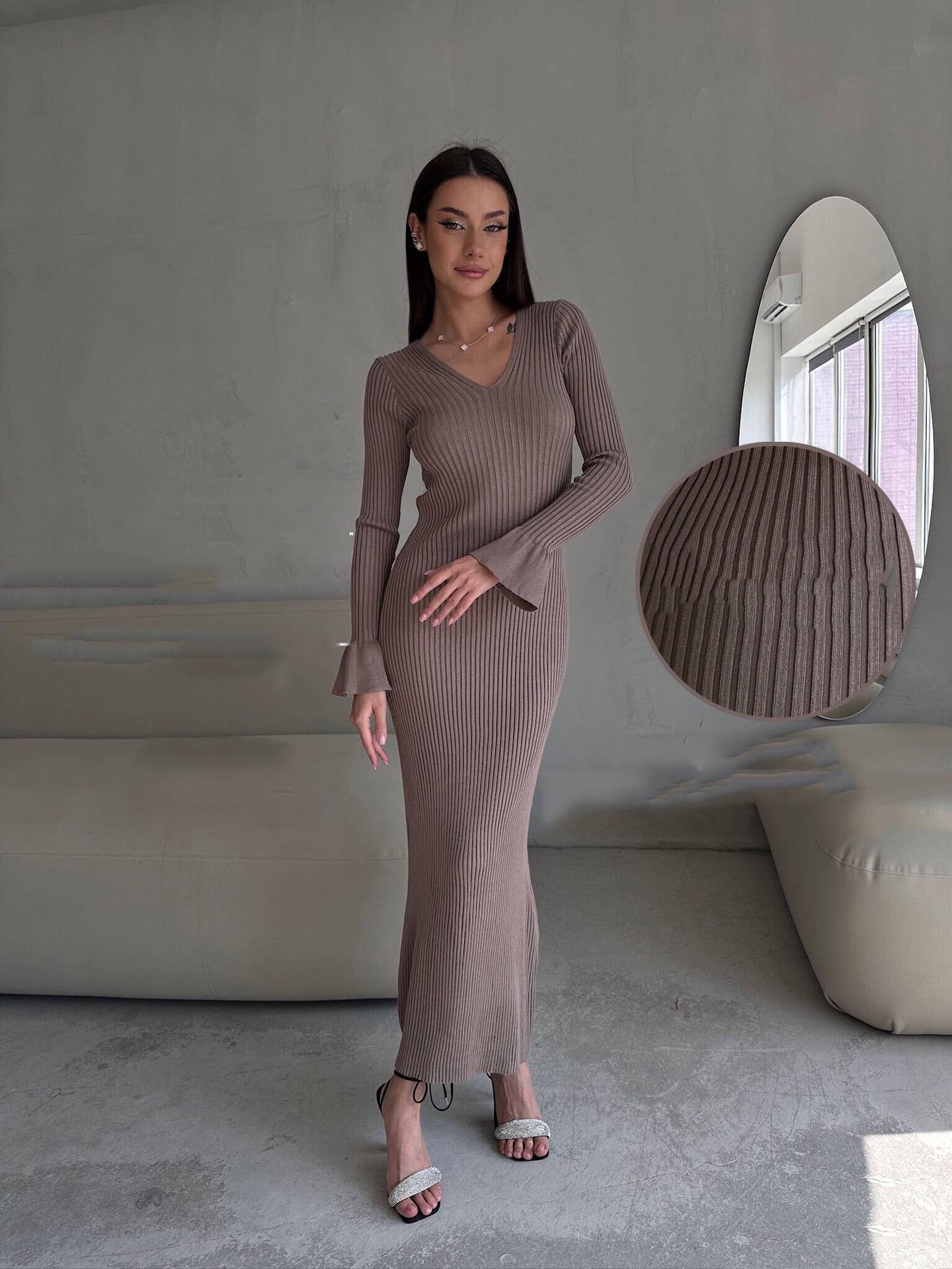 Solid Color Pit Strip Long Knit Slim-Fit Dress