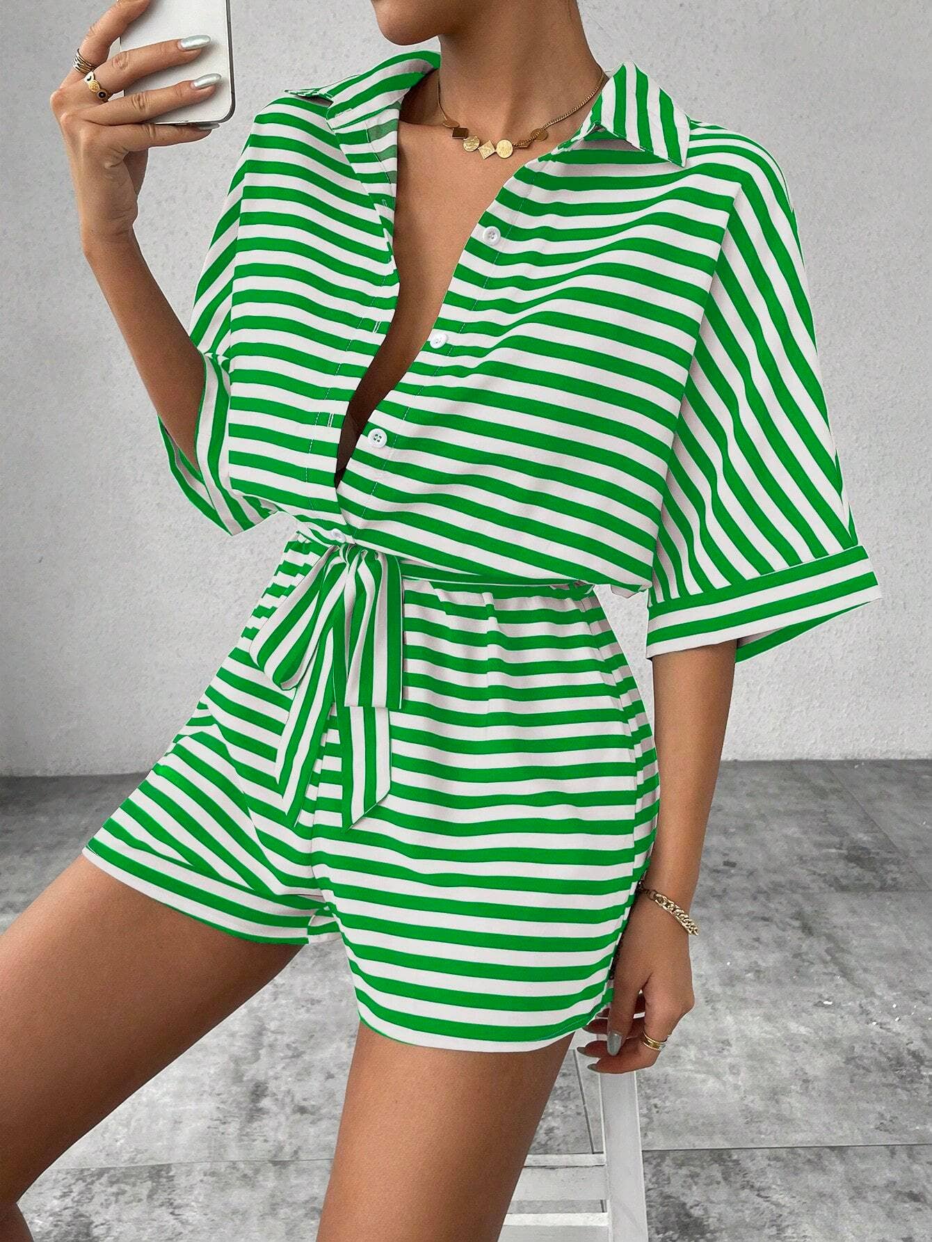Striped Lapel Belted Shorts Short Sleeved Onesie