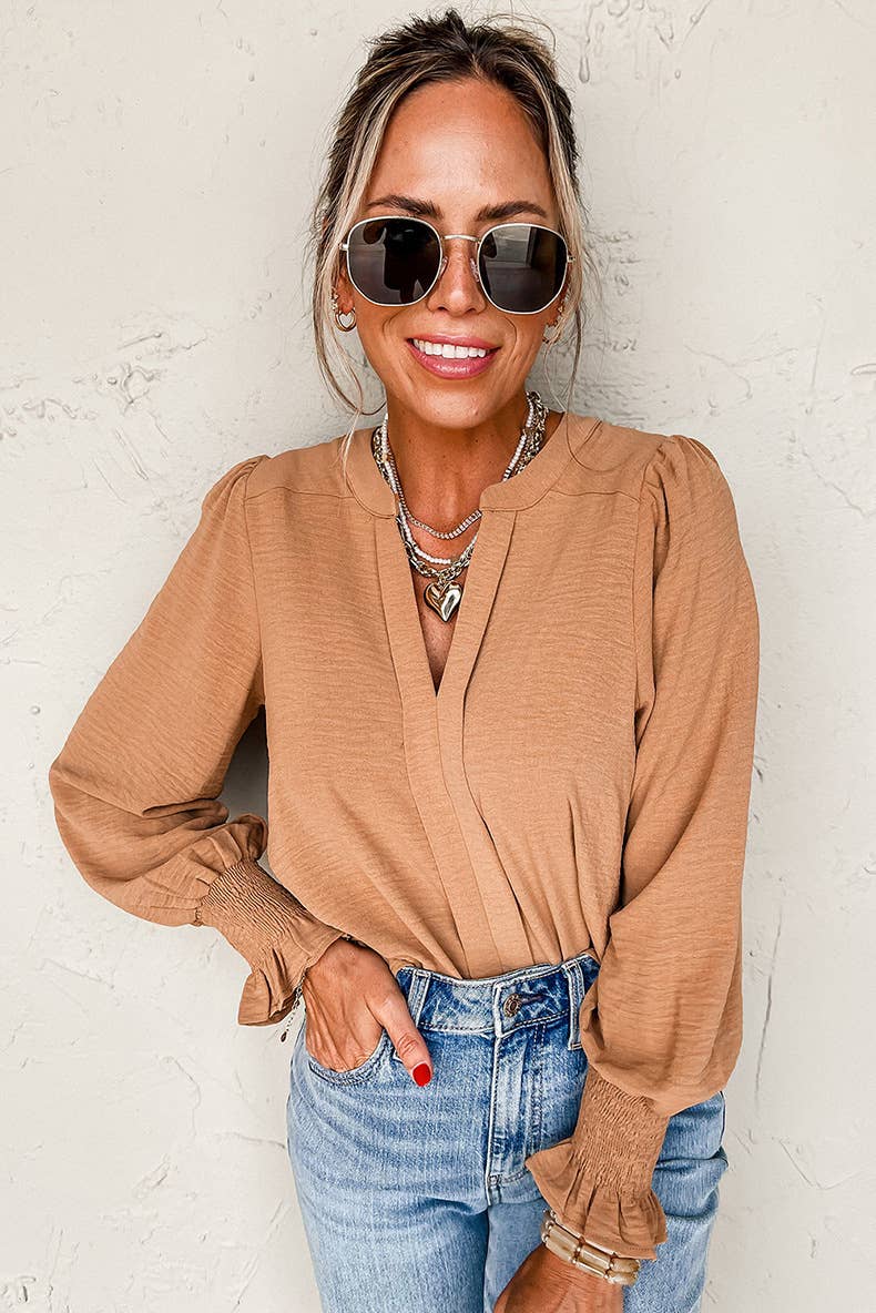 Pullover V-Neck Long-Sleeved Casual Ruffled Shirt