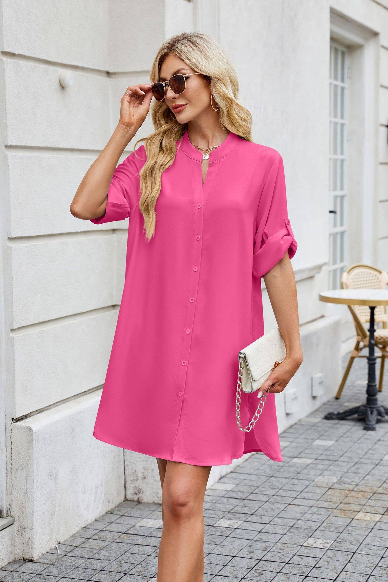 Solid Color Mid-Sleeve Button-Down Shirt Dress