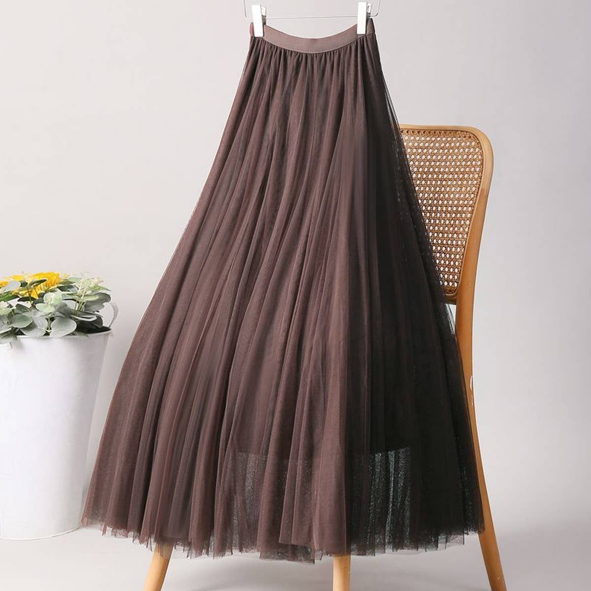 SOLID COLOR ELASTIC WAIST MESH TULLE A LINE SKIRT_CWBLS0372