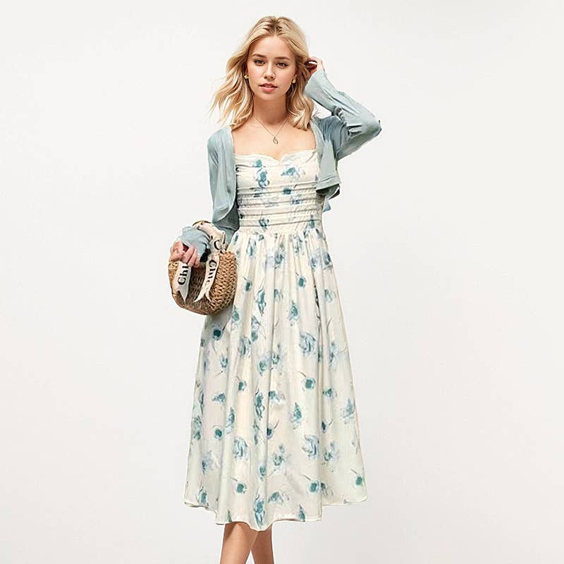 Spaghetti Strap Midi Dress With Knit Cardigan Set