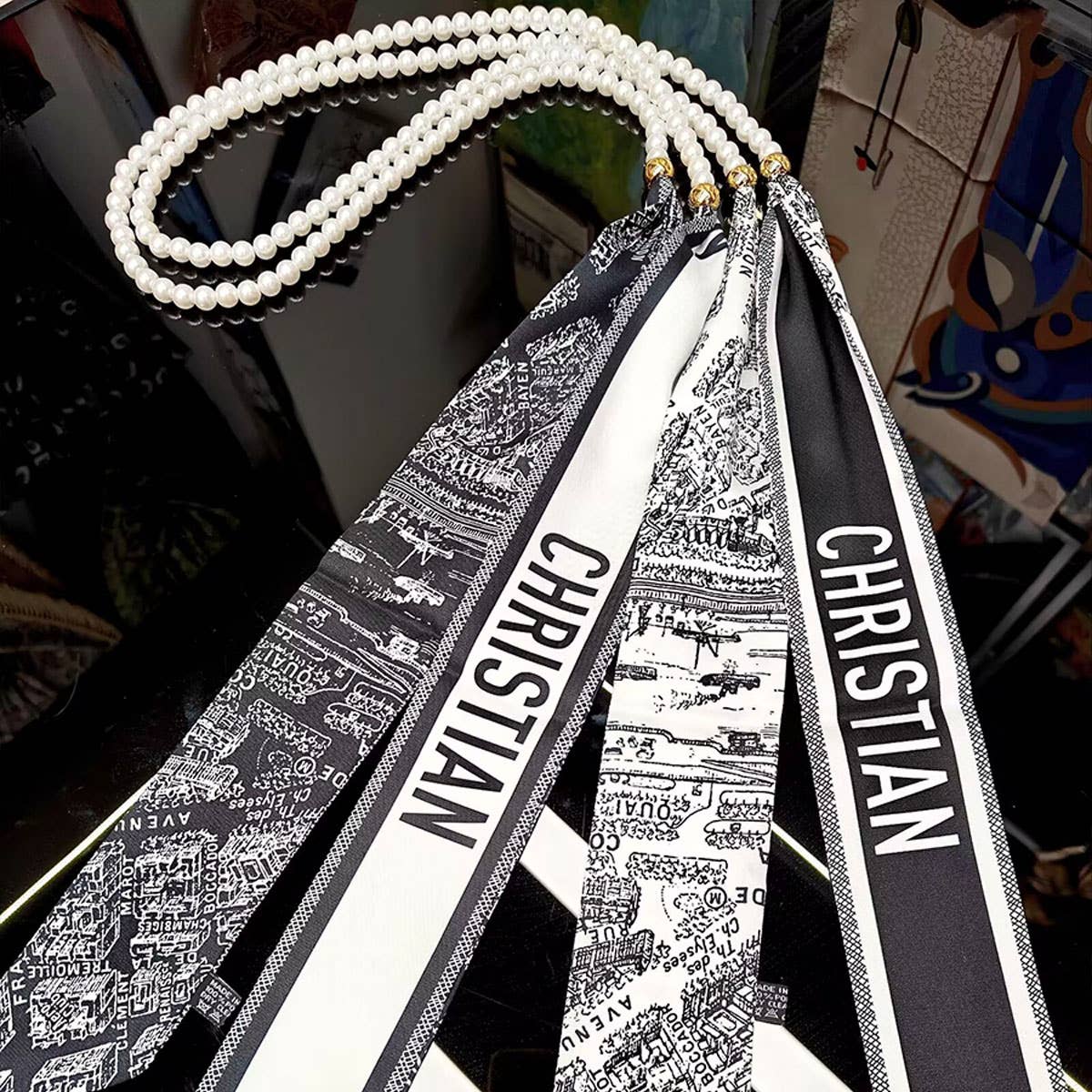 Black White Pearl Silk Scarf Belt_Cwasc04002