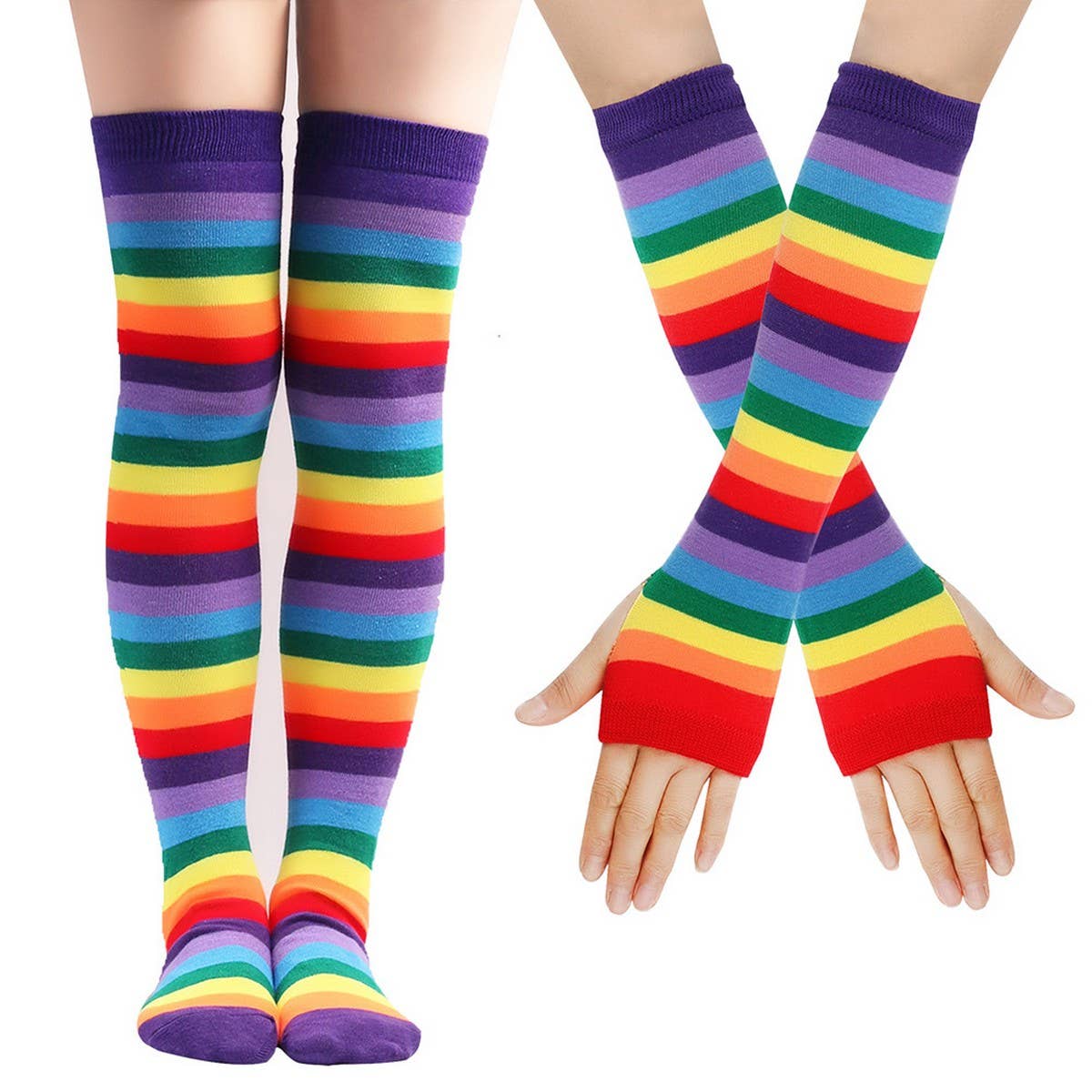 COLORFUL STRIPED KNEE SOCKS AND GLOVES SET_CWMS0309