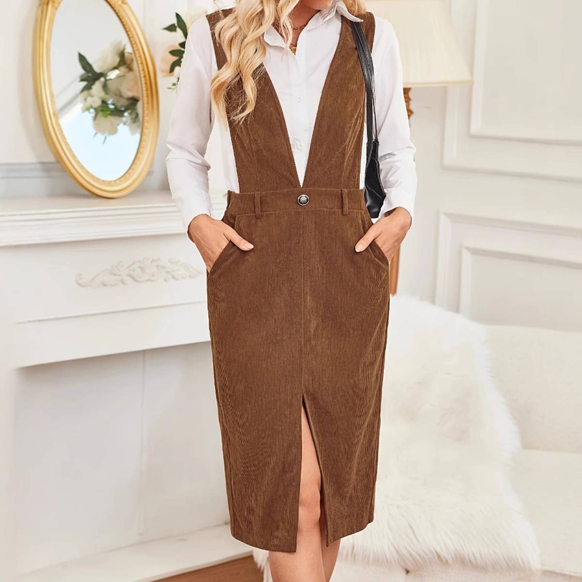 Wcorduroy Dress Split Adjustable Strap Pockets