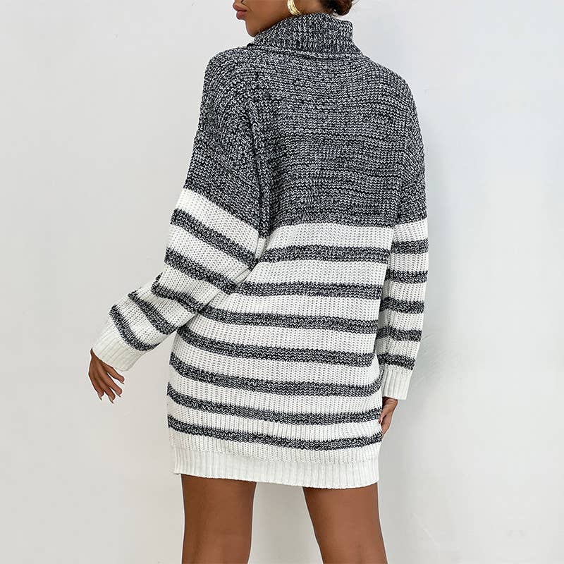 Striped Knit Mid-Length Turtleneck Sweater Dress