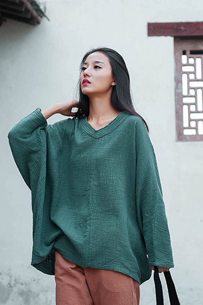 Cwtbll2463_Cotton And Linen Pullover V-Neck Bat T-Shirt