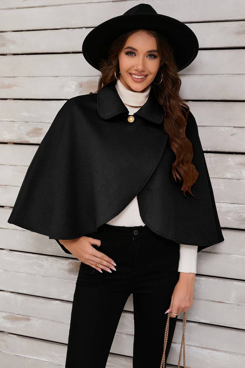 Cwoco0951_Solid Color Short Cape Shawl Coat